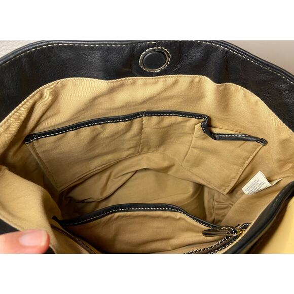 Liz Claiborne Large Shoulder Bag Black Beige Checks Tan - Leather Cotton READ - Picture 5 of 15